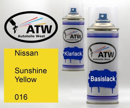 Nissan, Sunshine Yellow, 016: 400ml Sprühdose + 400ml Klarlack - Set, von ATW Autoteile West.